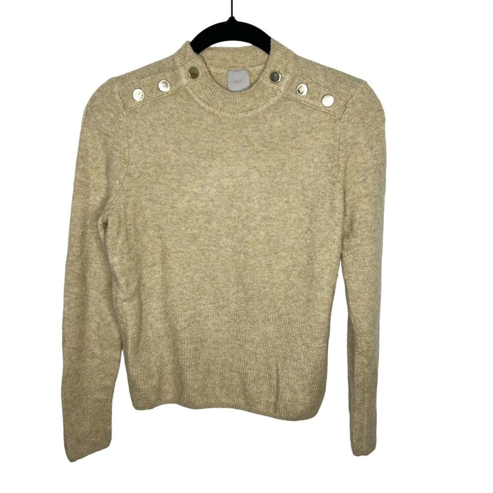 H&M / tan wool blend button shoulder crew neck sweater / S